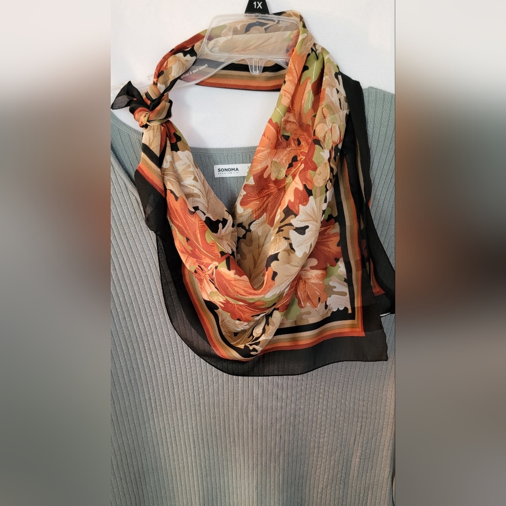 Vintage Scarf Made in Italy Leaves in Black, Orange, Brown Tones - Picture 3 of 7